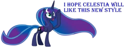 Size: 13891x5200 | Tagged: safe, artist:laszlvfx, artist:pegasski, derpibooru import, edit, vector edit, princess luna, alicorn, pony, absurd resolution, accessory-less edit, alternate hairstyle, cute, female, happy, lunabetes, mare, missing accessory, open mouth, raised hoof, simple background, smiling, solo, text, transparent background, vector