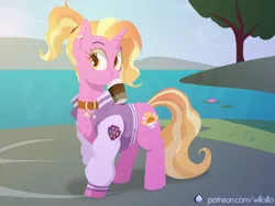 Size: 1600x1200 | Tagged: safe, artist:willoillo, derpibooru import, luster dawn, pony, unicorn, clothes, coffee, collar, ear piercing, female, horn, jacket, letterman jacket, lilypad, looking at you, mare, piercing, ponytail, solo, tree, water