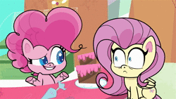 Size: 1920x1080 | Tagged: safe, derpibooru import, screencap, fluttershy, pinkie pie, earth pony, pegasus, pony, my little pony: pony life, pinkie pie: hyper-helper, spoiler:pony life s01e06, animated, cake, colt, eyes closed, female, food, inflation, male, mare, pie, popping, reformation, sitting, tongue out, webm