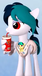 Size: 2304x4096 | Tagged: safe, artist:flushthebatsanta, derpibooru import, oc, oc:apogee, oc:delta vee, pegasus, pony, 2019, 3d, clothes, cutie mark, drink, duo, female, micro, mother and child, mother and daughter, shirt, simple background, source filmmaker, tail, wing hands, wing hold, wings