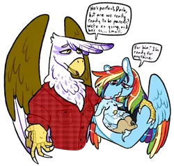 Size: 842x800 | Tagged: safe, artist:fastserve, derpibooru import, gilda, rainbow dash, oc, oc:blue skies blitz, anthro, gryphon, hippogriff, pegasus, baby, clothes, crying, dialogue, family, female, gildash, hand on shoulder, interspecies offspring, lesbian, magical lesbian spawn, male, mother and child, mother and son, offspring, parent:gilda, parent:rainbow dash, parents:gildash, plaid shirt, shipping, shirt, simple background, speech bubble, tears of joy, transparent background, unmoving plaid
