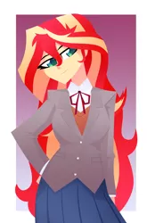 Size: 2154x3258 | Tagged: safe, artist:xan-gelx, derpibooru import, sunset shimmer, human, equestria girls, abstract background, clothes, doki doki literature club, eyelashes, female, green eyes, hand on hip, high res, humanized, long hair, looking away, multicolored hair, red hair, school uniform, skirt, smiling, solo, uniform, yellow hair