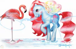 Size: 1500x964 | Tagged: safe, artist:ponyqueen, derpibooru import, bird, flamingo, flutter pony, pony, female, g1, mare, raised hoof, traditional art, tropical breeze, watercolor painting, watermark