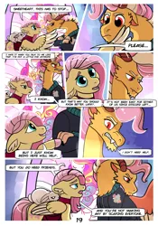 Size: 2100x3000 | Tagged: safe, artist:loryska, derpibooru import, angel bunny, fluttershy, oc, oc:larkspur, hybrid, pegasus, pony, comic:friendship grows, clothes, colored hooves, ear fluff, fangs, female, grumpy, hoodie, interspecies offspring, male, mother and child, mother and son, offspring, parent:discord, parent:fluttershy, parents:discoshy, spread wings, wing hands, wings