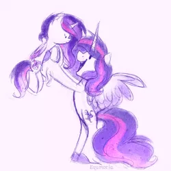 Size: 1024x1024 | Tagged: safe, artist:equmoria, derpibooru import, oc, oc:alnair, oc:majestic loveliness (majesta), alicorn, pony, alicorn oc, female, holding a pony, hoof hold, horn, looking at each other, mare, mother and child, mother and daughter, open mouth, unshorn fetlocks, wings