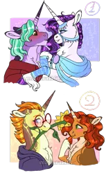 Size: 717x1175 | Tagged: safe, artist:malinraf1615, derpibooru import, firelight, stellar flare, sunspot (character), oc, oc:lucero glimmer, classical unicorn, pony, unicorn, blushing, bridle, canon x oc, cloven hooves, female, flower, flower in mouth, leonine tail, male, mouth hold, saddle arabian outfit, shipping, straight, sunflower, tack, unshorn fetlocks