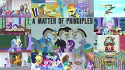 Size: 1974x1112 | Tagged: safe, derpibooru import, edit, edited screencap, editor:quoterific, screencap, applejack, auburn vision, citrine spark, cozy glow, cranky doodle donkey, derpy hooves, discord, fire quacker, fluttershy, gallus, huckleberry, maud pie, ocellus, pinkie pie, rainbow dash, rarity, sandbar, silverstream, smolder, spike, spitfire, starlight glimmer, trixie, twilight sparkle, twilight sparkle (alicorn), yona, alicorn, draconequus, dragon, earth pony, gryphon, hippogriff, pegasus, pony, unicorn, yak, a matter of principals, angry, bipedal, bipedal leaning, blushing, dragoness, eyes closed, female, filly, friendship student, glowing horn, horn, leaning, magic, magic aura, mane eight, mane seven, mane six, messy mane, one eye closed, open mouth, spit take, student six, winged spike