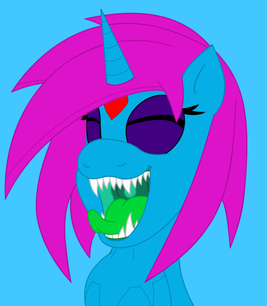 Size: 3520x4024 | Tagged: suggestive, artist:avengedritsuko, derpibooru import, oc, oc:mimeo melody, unofficial characters only, pony, blue fur, eyes closed, maw, mawshot, mutant, old design, open mouth, pink mane, sharp teeth, solo, swallow, swallowing, teeth, throat bulge, tongue out