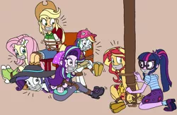 Size: 2048x1338 | Tagged: safe, artist:bugssonicx, derpibooru import, applejack, fluttershy, rainbow dash, rarity, sci-twi, starlight glimmer, sunset shimmer, twilight sparkle, equestria girls, arm behind back, bondage, bound and gagged, cap, chair, clothes, gag, glasses, hat, ponytail, rope, rope bondage, sarong, sun hat, swimsuit, tape, tape gag, teary eyes, tied to chair, tied up, untying