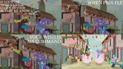Size: 2000x1125 | Tagged: safe, derpibooru import, edit, edited screencap, editor:quoterific, screencap, amethyst skim, cool beans, discord, trixie, draconequus, earth pony, pegasus, pig, pigasus, pony, unicorn, to where and back again, balloon, cape, clothes, eyes closed, female, flower flight, food, hat, male, open mouth, our town, sunny song, surprised, trixie's cape, trixie's hat, wings