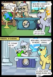 Size: 500x729 | Tagged: safe, artist:owlor, derpibooru import, derpy hooves, mayor mare, sunshower raindrops, oc, earth pony, pegasus, pony, alcohol, bong, drugs, fire, from the desk of mayor mare, frozen, globe, i just don't know what went wrong, icicle, mane on fire, on fire