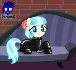 Size: 4154x3840 | Tagged: safe, artist:damlanil, derpibooru import, coco pommel, earth pony, pony, :i, catsuit, clothes, couch, cute, female, latex, latex suit, looking at you, lying down, mare, prone, rubber, shiny, show accurate, solo, suit, vector