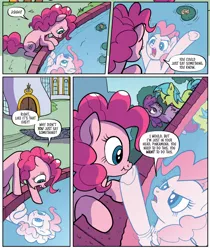 Size: 666x791 | Tagged: safe, artist:pencils, derpibooru import, idw, cheese sandwich, pinkie pie, earth pony, pony, unicorn, spoiler:comic, spoiler:comic94, angry, boop, cartoon physics, female, implied cheesepie, implied shipping, implied straight, nose wrinkle, noseboop, open mouth, pinkie being pinkie, pinkie physics, reflection, sad, scrunchy face, season 10, self-boop, sitting, solo