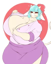 Size: 1024x1280 | Tagged: anthro, artist:gin-blade, bbw, big breasts, blushing, breasts, busty coco pommel, clothes, coco pommel, coco pudge, commission, cow, cowcow pommel, cowified, derpibooru import, digital art, embarrassed, eyes closed, fat, female, floppy ears, getting dressed, gritted teeth, horn, huge breasts, impossibly large breasts, shirt, solo, solo female, species swap, suggestive, tail, thighs, wide hips