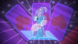 Size: 3840x2160 | Tagged: safe, artist:jhayarr23, artist:laszlvfx, derpibooru import, edit, trixie, pony, unicorn, female, glowing horn, hat, horn, image, magic, mare, one eye closed, playing card, png, smiling, solo, telekinesis, wallpaper, wallpaper edit, wink