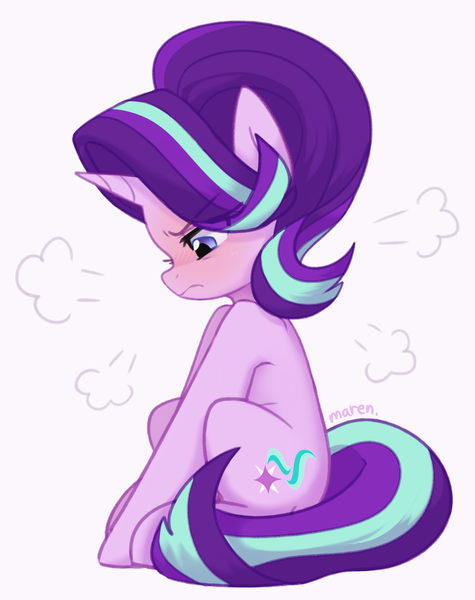 Size: 3167x4000 | Tagged: safe, artist:maren, derpibooru import, starlight glimmer, pony, unicorn, angry, cute, female, frown, glimmerbetes, grumpy, image, looking down, madorable, mare, png, simple background, sitting, solo, white background