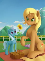 Size: 3543x4724 | Tagged: safe, artist:lin feng, derpibooru import, sunflower spectacle, trixie, pony, unicorn, cute, female, filly, filly trixie, flower, like mother like daughter, like parent like child, magic, mare, mother and child, mother and daughter, sunflower, young, younger