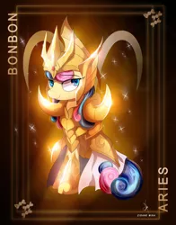 Size: 1920x2444 | Tagged: absurd resolution, anime crossover, aries, armor, artist:zidanemina, black background, bon bon, crossover, derpibooru import, gold, gold saint, looking at you, safe, saint seiya, simple background, solo, sweetie drops, zodiac