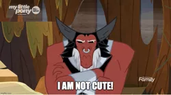 Size: 895x500 | Tagged: angry, blatant lies, bracer, caption, centaur, crossed arms, cute, derpibooru import, discovery family logo, edit, edited screencap, evil lair, frown, grogar's lair, grumpy, image macro, imgflip, i'm not cute, lair, lord tirek, madorable, male, nose piercing, nose ring, piercing, safe, screencap, solo, text, tirebetes, tirek is not amused, waterfall