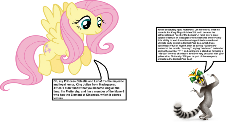 Size: 1024x528 | Tagged: safe, artist:optimusbroderick83, derpibooru import, fluttershy, lemur, pegasus, pony, crossover, dialogue, king julien, simple background, the penguins of madagascar, transparent background