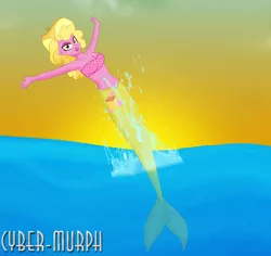 Size: 2488x2344 | Tagged: safe, artist:cyber-murph, derpibooru import, taffy shade, mermaid, equestria girls, equestria girls series, friendship games, arms wide open, background human, belly, belly button, body freckles, freckles, mermaidized, midriff, ocean, scale top, scales, signature, species swap, splash, sunset, tube top
