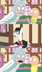 Size: 2000x3373 | Tagged: safe, artist:toucanldm, derpibooru import, edit, edited screencap, screencap, ponified, human, pony, rat, caption, comic, crossover, cutie mark, doug walker, morty smith, narrowed eyes, nostalgia critic, ponyville, rick and morty, rick and morty meets my little pony, rick sanchez, screencap comic, table, take that, text, youtube