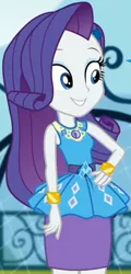 Size: 981x2045 | Tagged: safe, derpibooru import, screencap, rarity, equestria girls, equestria girls series, sock it to me, spoiler:eqg series (season 2), canterlot high, clothes, cropped, cute, diamond, dress, female, geode of shielding, gold, hand on hip, jewelry, legs, magical geodes, makeup, necklace, outdoors, pencil skirt, raribetes, rarity peplum dress, sleeveless, smiling, soccer field, sock it to me: rarity, waistband, wrist cuffs