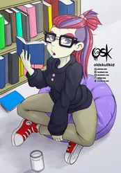 Size: 1395x2000 | Tagged: safe, artist:oldskullkid, derpibooru import, moondancer, equestria girls, book, bookshelf, clothes, converse, equestria girls-ified, female, glass of milk, glasses, library, milk, open mouth, shoes, sitting, sweater