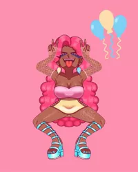 Size: 1080x1350 | Tagged: safe, artist:theapplequeenmaniac2, derpibooru import, pinkie pie, human, :p, balloon, breasts, cleavage, clothes, dark skin, double peace sign, ear piercing, eyelashes, eyes closed, feet, female, fingerless gloves, fishnets, gloves, high heels, humanized, nail polish, peace sign, piercing, pink background, shoes, signature, simple background, skirt, solo, squatting, toenail polish, tongue out