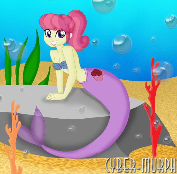 Size: 2328x2288 | Tagged: safe, artist:cyber-murph, derpibooru import, diwata aino, mermaid, equestria girls, equestria girls series, friendship games, background human, belly, bra, bubble, clothes, coral, crystal prep shadowbolts, leaning, mascara, mermaidized, midriff, ponytail, rock, seashell bra, seaweed, signature, solo, species swap, underwater, underwear