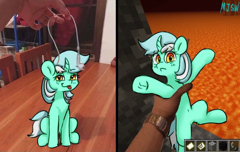 Size: 1963x1243 | Tagged: safe, artist:mjsw, derpibooru import, lyra heartstrings, human, pony, unicorn, belly button, earbuds, female, holding a pony, irl, l.u.l.s., mare, meme, minecraft, mlem, photo, redraw, silly, smug, solo, tongue out