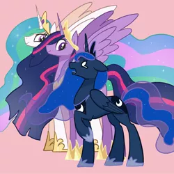 Size: 2048x2048 | Tagged: safe, artist:pfeffaroo, derpibooru import, part of a set, princess celestia, princess luna, princess twilight 2.0, twilight sparkle, twilight sparkle (alicorn), alicorn, pony, the last problem, age progression, exasperated face, female, floppy ears, flowing mane, folded wings, frustrated, height difference, high res, hoof shoes, jewelry, line-up, looking at each other, looking at someone, looking down, looking up, mare, older, older twilight, open mouth, peytral, pink background, profile, raised hoof, regalia, royal sisters, siblings, simple background, sisters, size difference, smiling, spread wings, standing, teary eyes, trio, unfair, wings