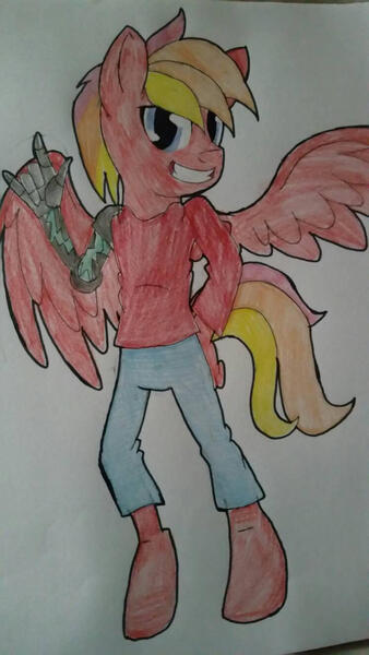 Size: 747x1328 | Tagged: amputee, anthro, artist:juliet-gwolf18, clothes, derpibooru import, devil horn (gesture), grin, male, oc, pants, pegasus, pegasus oc, prosthetic limb, prosthetics, safe, smiling, solo, traditional art, unguligrade anthro, unofficial characters only, wings