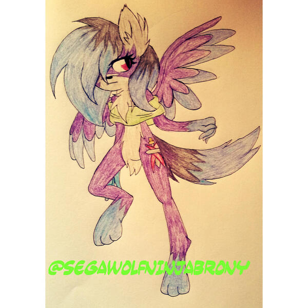 Size: 1459x1459 | Tagged: safe, artist:juliet-gwolf18, derpibooru import, oc, unofficial characters only, anthro, digitigrade anthro, wolf, wolf pony, clothes, ear fluff, eyelashes, featureless crotch, solo, traditional art, wings