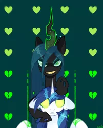 Size: 1634x2035 | Tagged: safe, artist:n in a, derpibooru import, queen chrysalis, shining armor, changeling, changeling queen, pony, unicorn, blank eyes, duo, female, floppy ears, glowing horn, grin, horn, male, mind control, sharp teeth, smiling, stallion, teeth