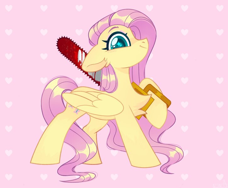 Size: 2048x1695 | Tagged: semi-grimdark, artist:n in a, derpibooru import, fluttershy, pegasus, pony, .mov, shed.mov, blood, chainsaw, female, floppy ears, grimcute, mare, solo