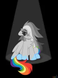 Size: 1529x2048 | Tagged: safe, artist:n in a, derpibooru import, rainbow dash, pegasus, pony, color loss, desaturated, female, floppy ears, hair over one eye, looking sideways, mare, partial color, sitting, solo