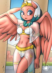Size: 955x1351 | Tagged: anthro, arm behind head, artist:mysticalpha, belly button, bra, cleavage fluff, clothes, derpibooru import, egyptian, egyptian pony, female, jewelry, necklace, open mouth, panties, pegasus, see-through, solo, somnambula, stupid sexy somnambula, suggestive, underwear