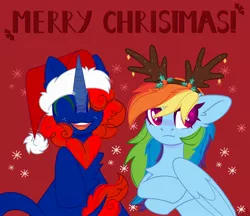 Size: 2048x1772 | Tagged: safe, artist:n in a, derpibooru import, rainbow dash, oc, kirin, pegasus, pony, :t, animal costume, antlers, christmas, clothes, commission, costume, duo, eyes closed, female, hat, holiday, kirin oc, mare, merry christmas, rainbow dash is not amused, reindeer antlers, reindeer costume, reindeer dash, santa hat, smiling, unamused