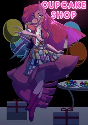 Size: 3508x4960 | Tagged: semi-grimdark, alternate version, artist:0pika-chan0, derpibooru import, pinkie pie, anthro, earth pony, fanfic:cupcakes, blood, clothes, colored, cupcake, cutie mark dress, dress, female, food, horn necklace, knife, pinkamena diane pie, present, smiling, solo