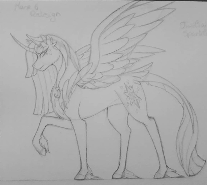 Size: 1080x963 | Tagged: safe, artist:0pika-chan0, derpibooru import, twilight sparkle, twilight sparkle (alicorn), alicorn, pony, female, hoof fluff, horn, leonine tail, lineart, mare, monochrome, raised hoof, redesign, solo, wings