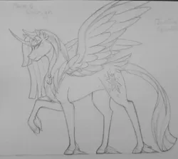 Size: 1080x963 | Tagged: safe, artist:0pika-chan0, derpibooru import, twilight sparkle, twilight sparkle (alicorn), alicorn, pony, female, hoof fluff, horn, leonine tail, lineart, mare, monochrome, raised hoof, redesign, solo, wings