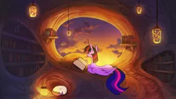 Size: 2560x1440 | Tagged: safe, artist:anticular, derpibooru import, spike, twilight sparkle, twilight sparkle (alicorn), alicorn, dragon, pony, book, duo, female, golden oaks library, library, lying down, male, mare, prone, reading, solo focus, sunset, wip