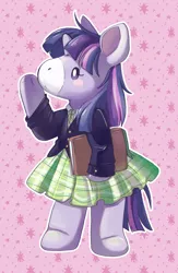 Size: 2666x4096 | Tagged: safe, artist:cutepencilcase, derpibooru import, twilight sparkle, semi-anthro, unicorn, :<, bipedal, book, clothes, doll, female, g1, high res, holding, jacket, necktie, outline, plushie, school uniform, skirt, solo, standing, takara pony, toy, white outline