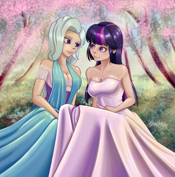 Size: 1869x1884 | Tagged: artist:scs-g3-n17, bare shoulders, breasts, bride, bush, busty trixie, busty twilight sparkle, clothes, derpibooru import, dress, female, human, humanized, lesbian, requested art, safe, shipping, sleeveless, strapless, tree, trixie, twilight sparkle, twixie, wedding dress