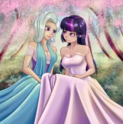 Size: 1869x1884 | Tagged: safe, artist:scs-g3-n17, derpibooru import, trixie, twilight sparkle, human, bare shoulders, breasts, bride, bush, busty trixie, busty twilight sparkle, clothes, dress, female, humanized, lesbian, requested art, shipping, sleeveless, strapless, tree, twixie, wedding dress