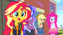 Size: 1280x720 | Tagged: safe, derpibooru import, edit, edited screencap, screencap, applejack, pinkie pie, princess luna, rainbow dash, sunset shimmer, equestria girls, equestria girls series, forgotten friendship, animated, caption, clothes, cutie mark, cutie mark on clothes, geode of empathy, geode of sugar bombs, geode of super speed, geode of super strength, gif, gif with captions, image macro, magical geodes, no student parking in the faculty lot, stifling laughter, text, vice principal luna