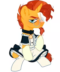 Size: 2500x3000 | Tagged: safe, artist:voronka, derpibooru import, sunburst, pony, unicorn, apron, beard, blushing, clothes, collar, commission, crossdressing, dress, facial hair, glasses, maid, male, markings, pet tag, raised hoof, simple background, sitting, skirt, socks, solo, stallion, stockings, sunburst is not amused, sunburst's glasses, thigh highs, unamused, white background, ych result