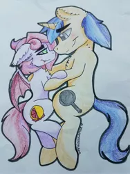 Size: 3024x4032 | Tagged: safe, artist:anxioussartist, derpibooru import, oc, oc:jade jump, oc:lunar spice, unofficial characters only, bat pony, unicorn, bat pony oc, bat wings, bite mark, commission, jadespice, looking at each other, shipping, size difference, traditional art, wings