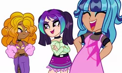 Size: 1080x648 | Tagged: dead source, safe, artist:frisk.mlp, derpibooru import, adagio dazzle, aria blaze, sonata dusk, human, equestria girls, :d, choker, clothes, crossed arms, dark skin, eyes closed, female, humanized, light skin, makeup, moderate dark skin, open mouth, redesign, simple background, smiling, the dazzlings, white background